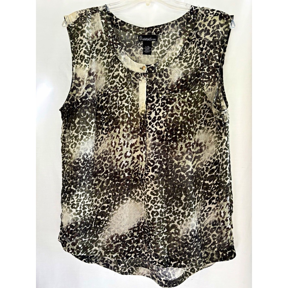 SIGNATURE STUDIO Sheer Leopard Print Sleeveless Round Neck Blouse XL